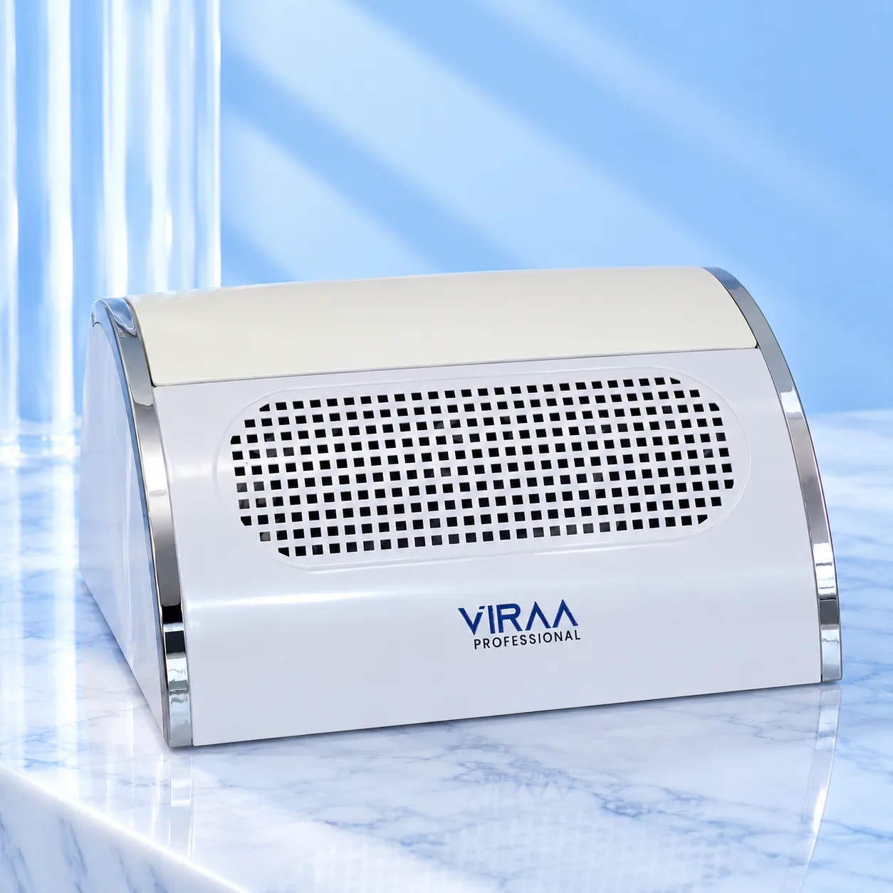 The 2-in-1 hand rest and dust collector angled to show its chrome side trim