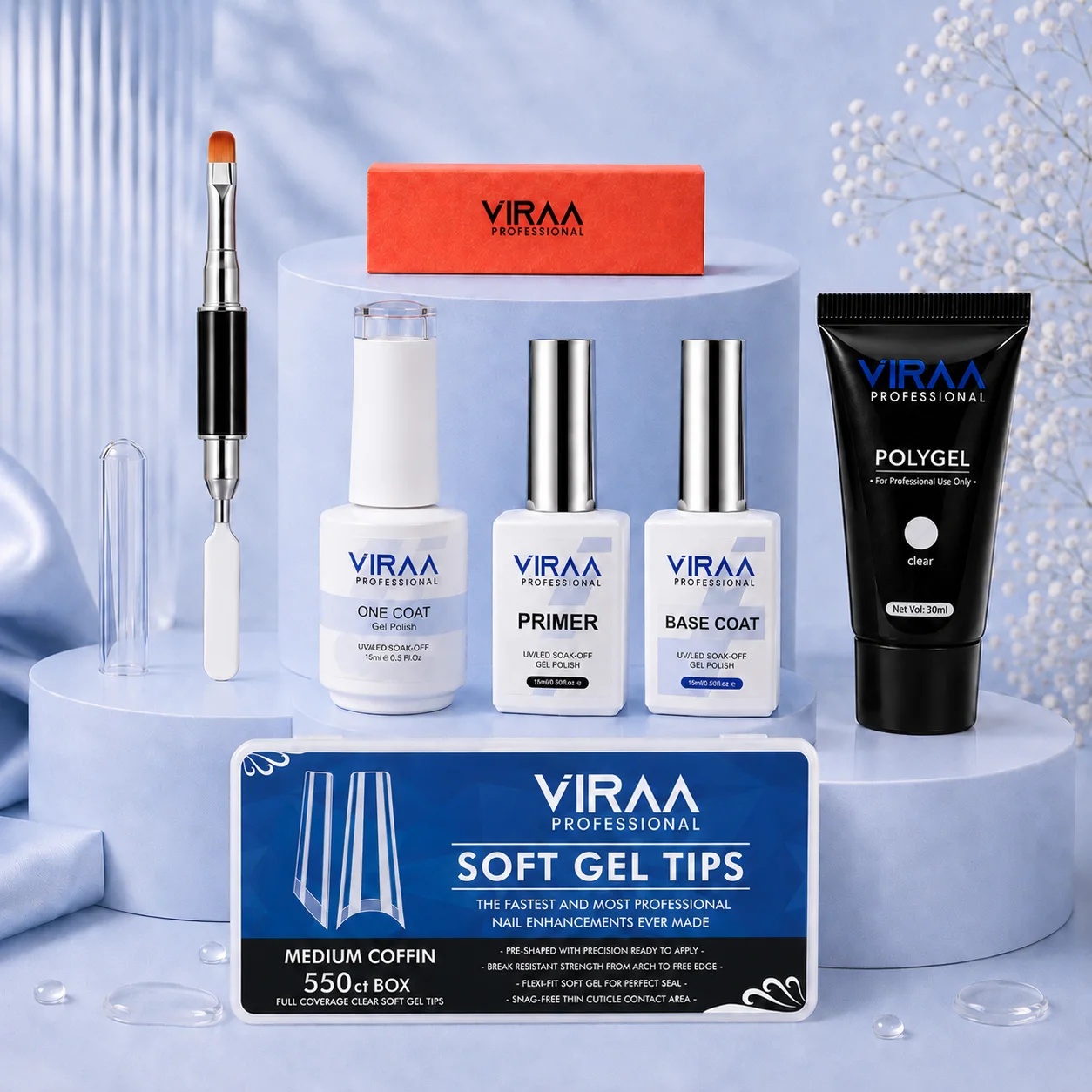 All In One Complete Nail Kit — polygel brush and spatula, One Coat gel polish, primer, base coat, 30ml clear polygel and a 550-piece soft gel tip box