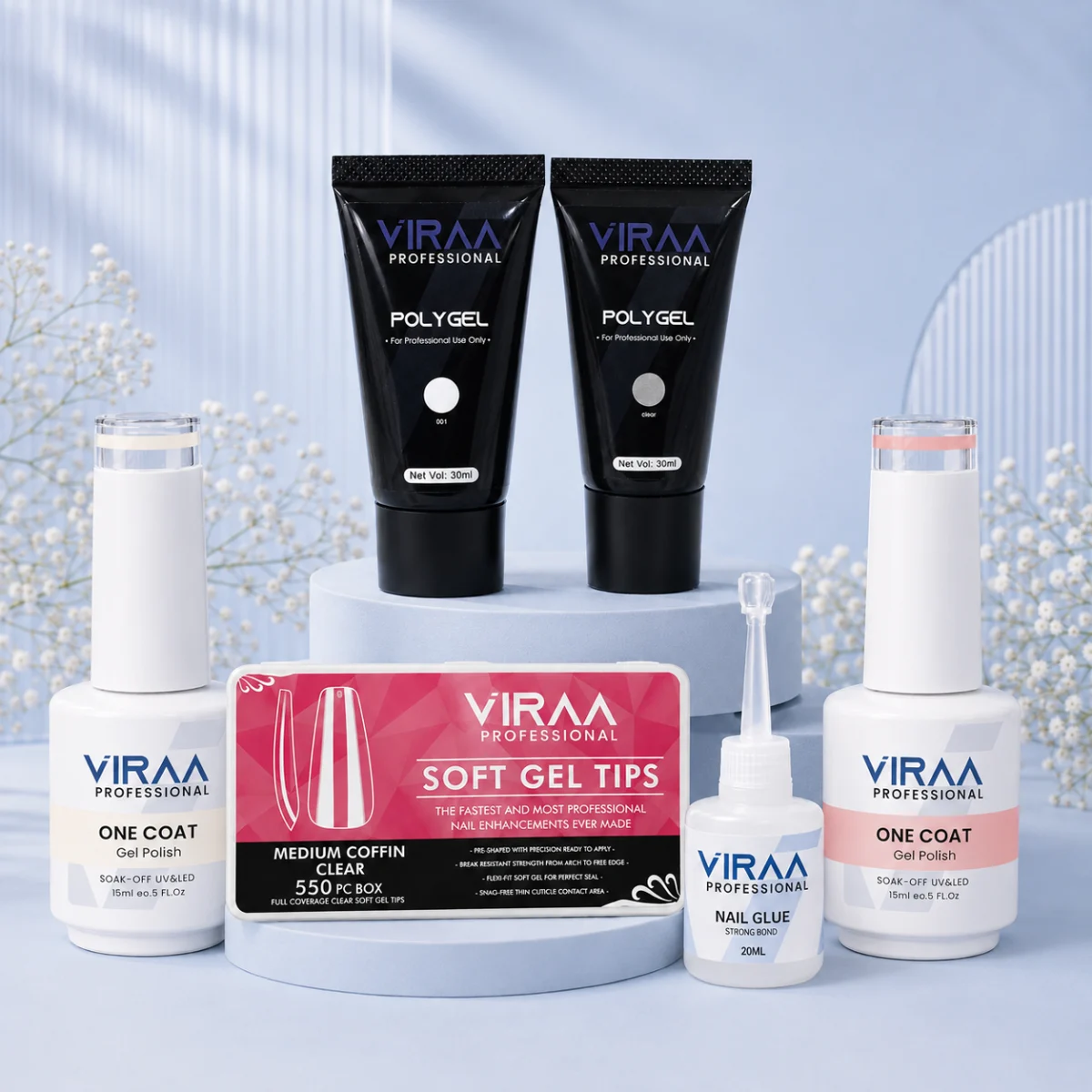 VIRAA Professional Polygel Nail Extension Kit: two 30ml polygel tubes, a 550-piece medium coffin soft gel tip box, nail glue and two One Coat gel polish bottles