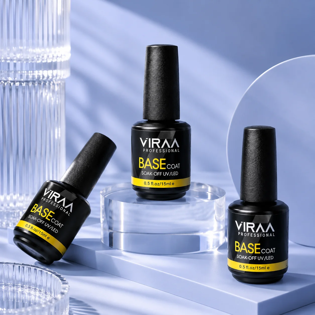 VIRAA Pro Base Coat in a black 15ml bottle with a yellow band, soak-off UV/LED gel