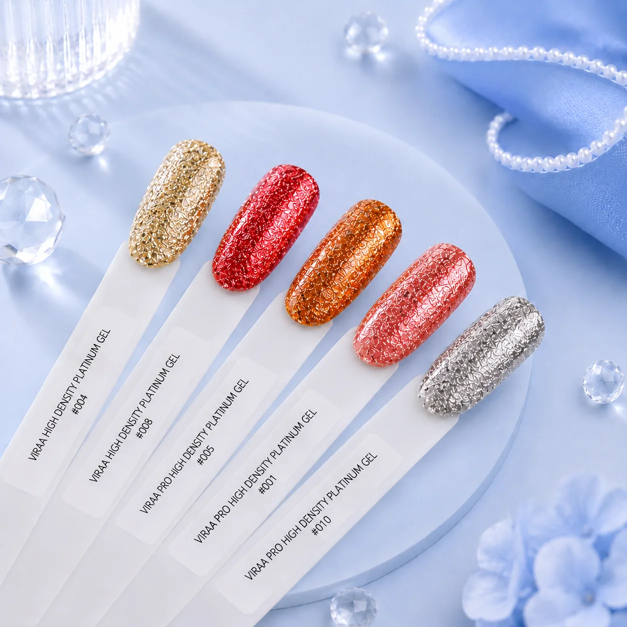 VIRAA Pro High Density Platinum Gel in white 5gm pots, with a swatch card showing gold, red, orange, coral and silver glitter shades