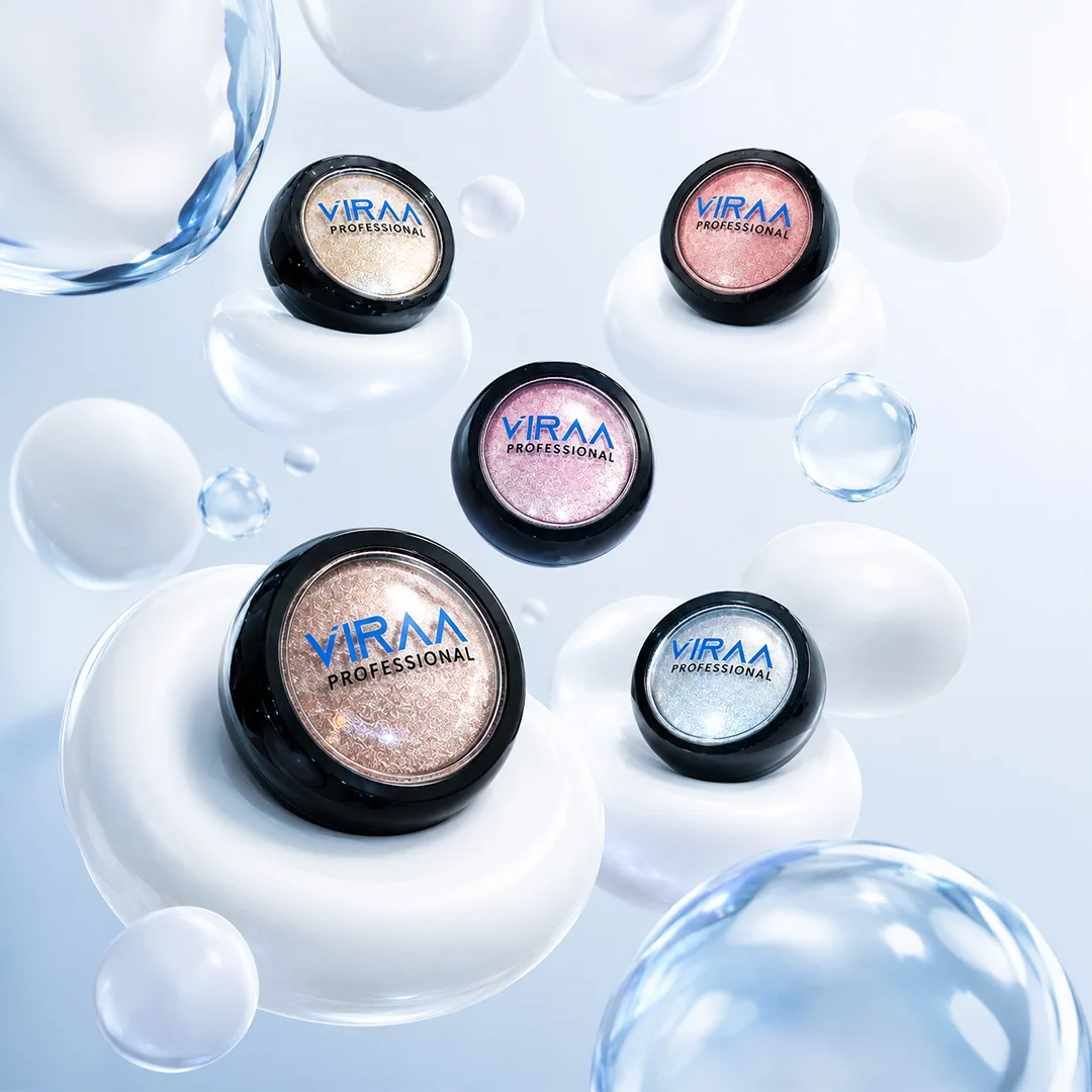 VIRAA Pro Mirror Chrome Powder in five black pots, in gold, pink, rose, champagne and silver