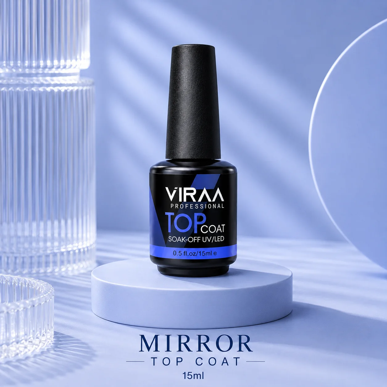 VIRAA Pro Mirror Top Coat in a black 15ml bottle with a blue band, soak-off UV/LED gel
