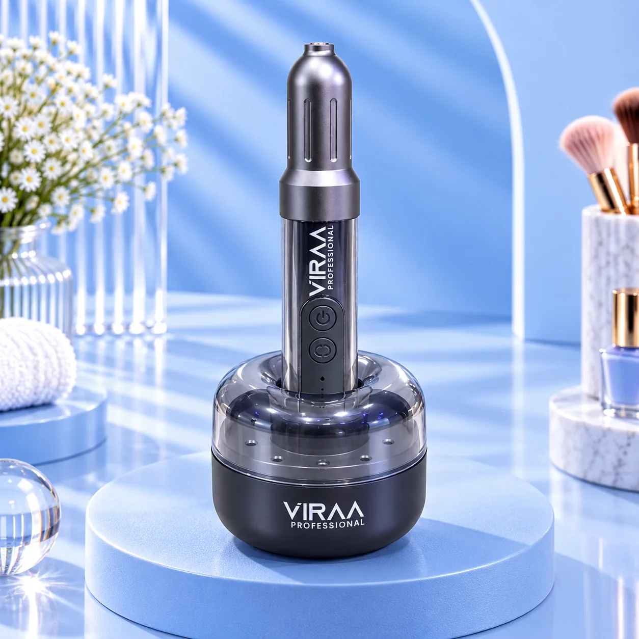 Viraa Pro rechargeable nail drill standing in its circular stand, with brushes in the background