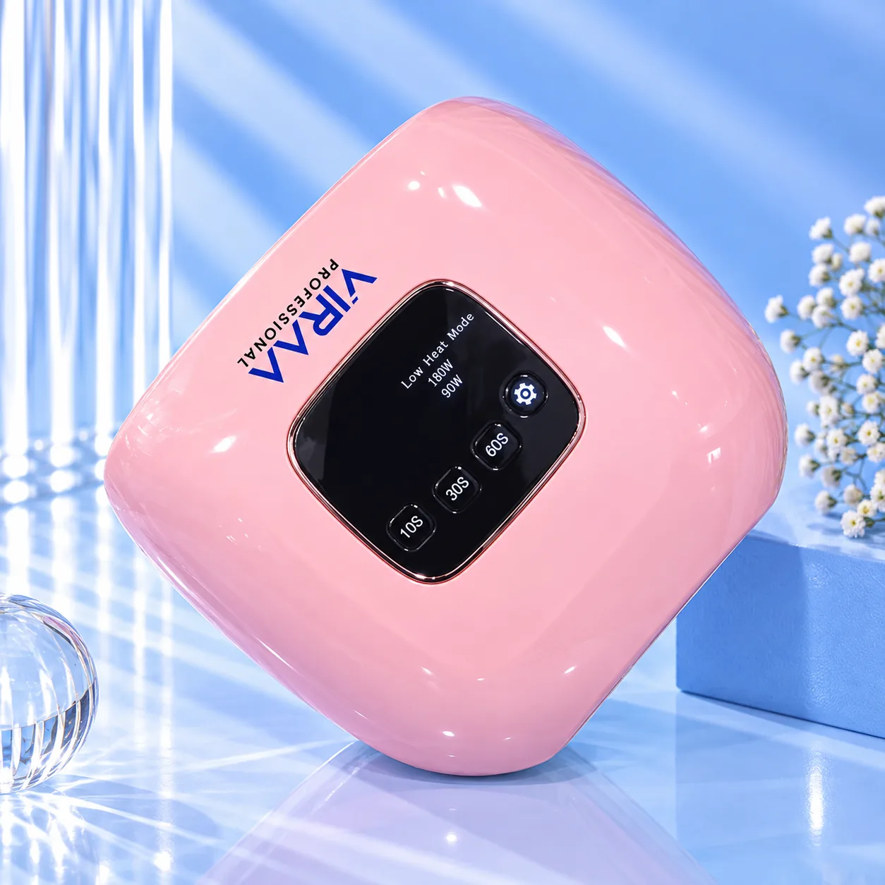 Viraa Pro Soft Delight pink nail lamp from above, angled to show the VIRAA Professional logo