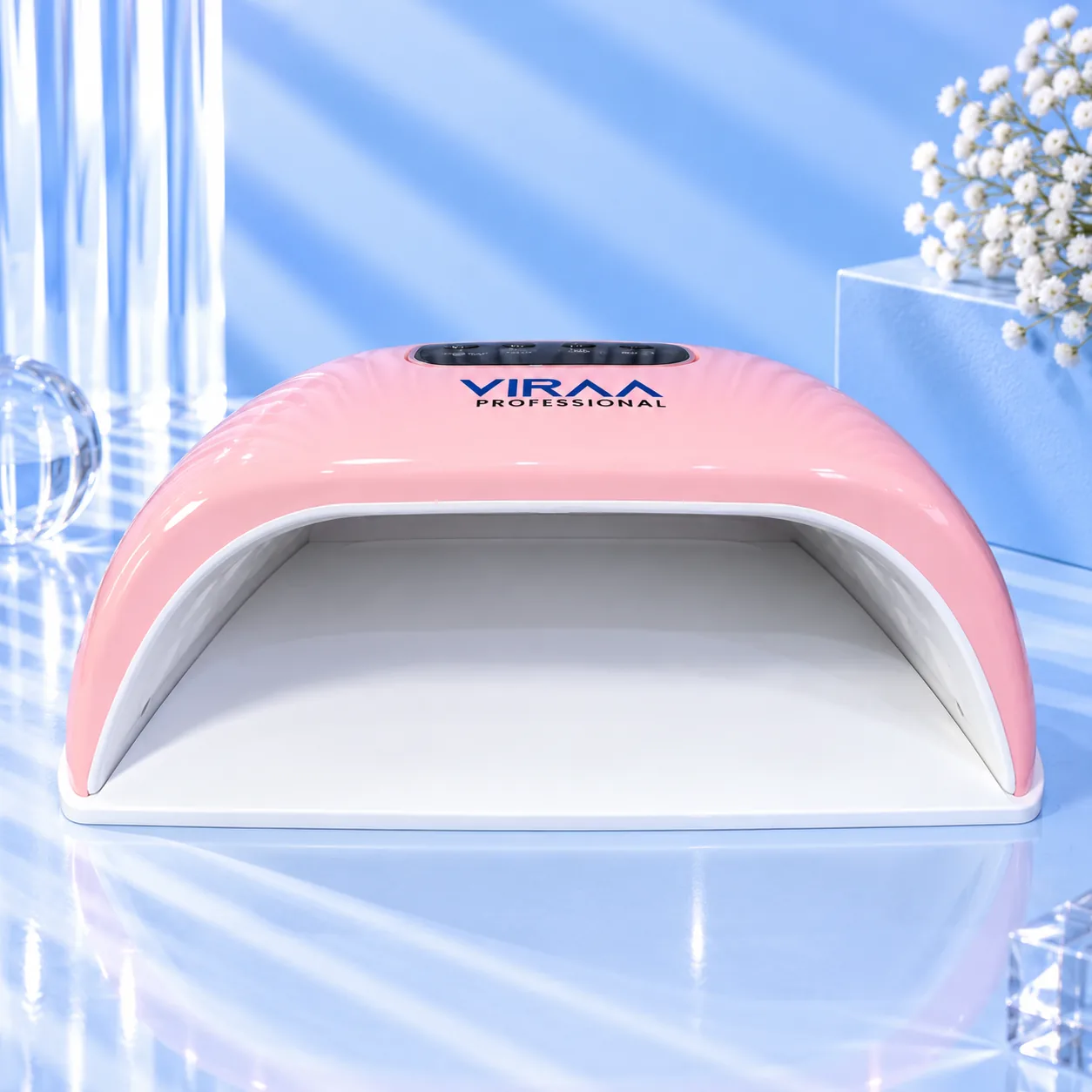 Viraa Pro Soft Delight nail lamp in pink, angled front view with the curing chamber open